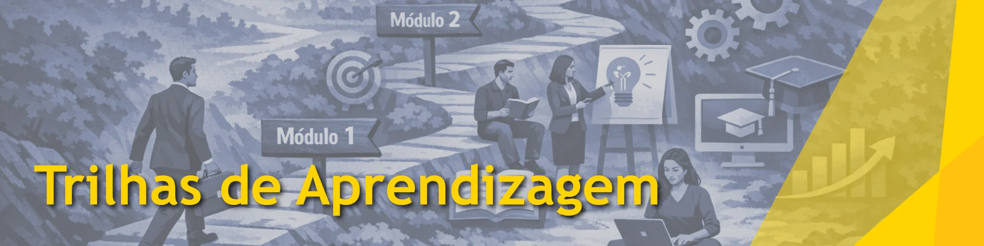 Ilustração em tons de cinza de um percurso de aprendizagem, com um caminho marcado por placas “Módulo 1” e “Módulo 2”, pessoas estudando e ensinando, livros, computador, gráficos ascendentes e ícones de educação, ideias e progresso.
