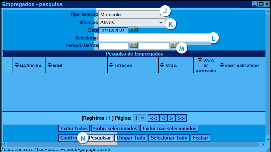 imagem da janela 'Empregado - pesquisa' com as configurações listadas conforme o passo a passo.