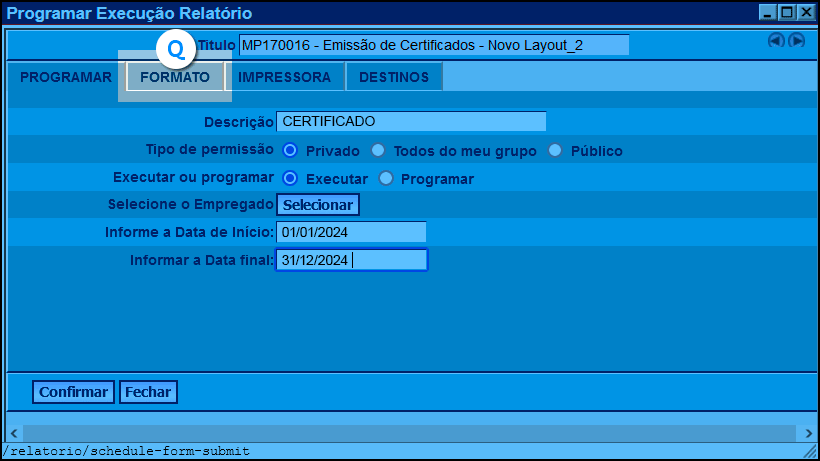 imagem da janela com o nome 'Programar execução relatório' nele destacado o botão confirmar.