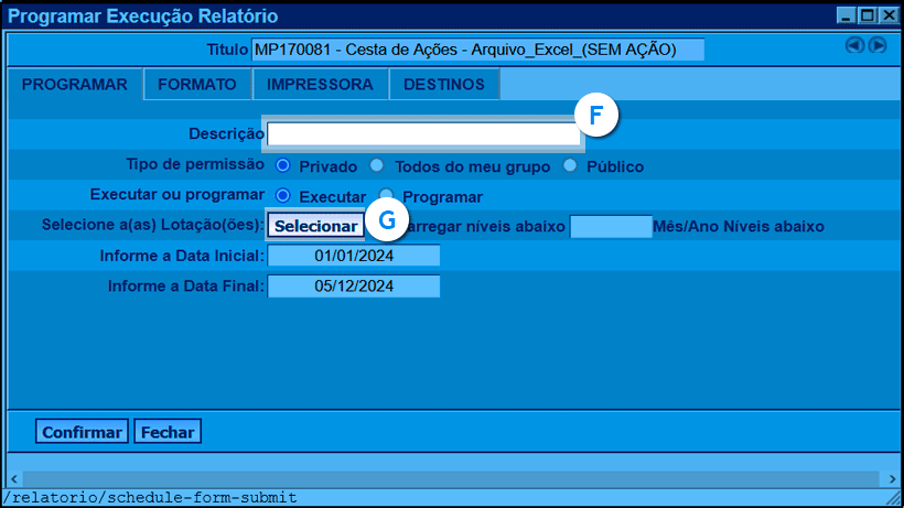 imagem da janela 'programar execução relatório' com as configurações listadas conforme o passo a passo.