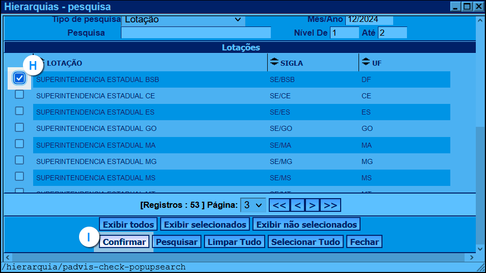 imagem da janela 'Hierarquias - pesquisa' com as configurações listadas conforme o passo a passo.