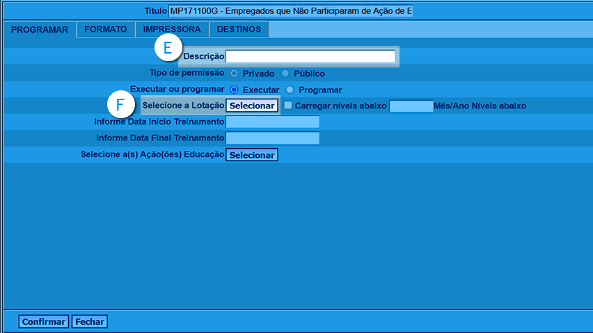 imagem da opção programar execução relatório, com as opções na aba programar. Destacados o campo de descrição do relatório e o botão de selecionar do item selecione a lotação.