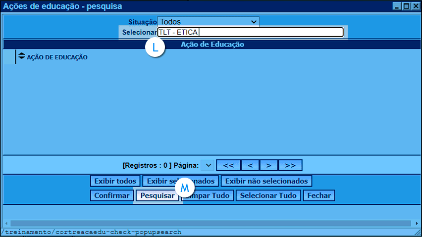 imagem da janela com o nome 'ações de educação pesquisa' nele destacado os campos texto para escrever o nome das ações de educação desejadas para a pesquisa e o respectivo botão 'pesquisar'