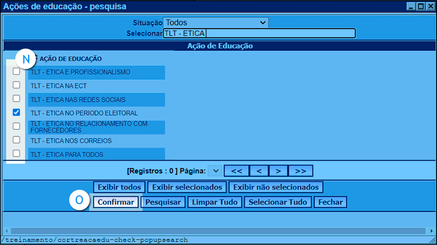 imagem da janela com o nome 'ações de educação pesquisa' e resultados listados com uma caixa de seleção para cada resultado e destacado também o botão 'confirar'