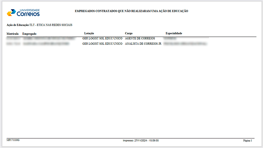 imagem do relatório de um empregado, nele constam várias ações de educação com as informações das colunas tipo, metodologia, instituição, ação de educação, turma, carga horária, dia de início e dia final para cada uma.