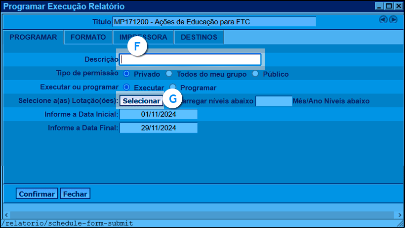 imagem da janela 'programar execução relatório' com as configurações listadas conforme o passo a passo.