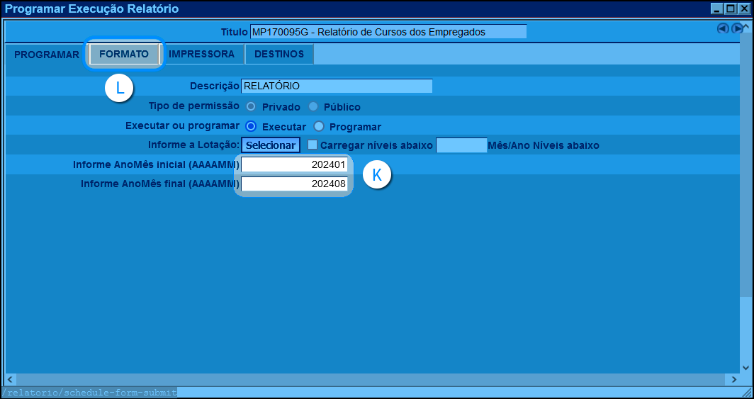 imagem da janela com o nome Programar execução relatório nele destacados os campos de datas para o início e final de abrangência do relatório e a aba com o título Formato.