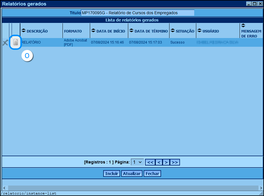 imagem da janela Relatórios gerados mostrando o relatório requisitado pronto e destacado um ícone para baixar o relatório.